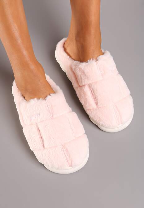 Różowe Płaskie Futrzane Kapcie z Geometrycznym Wzorem Naoritha
