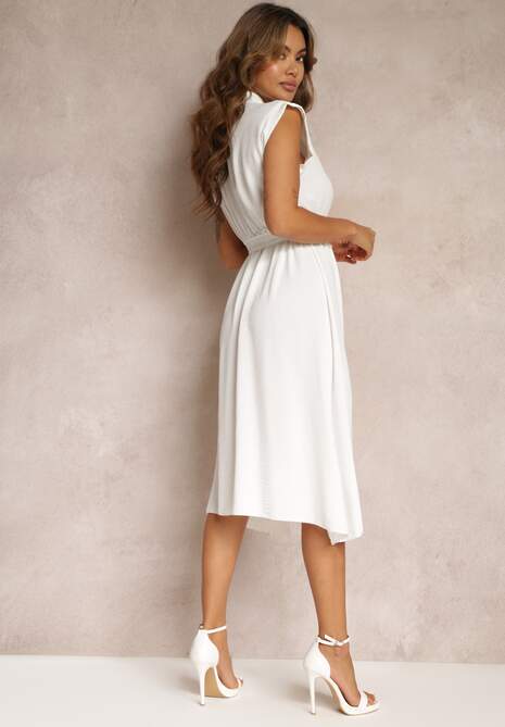 Biała Sukienka Midi z Guzikami i Materiałowym Paskiem Nylalik