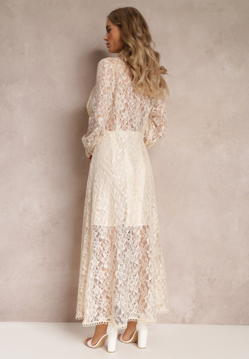 Beżowa Koszulowa Sukienka Maxi z Ozdobnymi Guzikami i Cyrkoniami z Koronkowej Tkaniny Armina