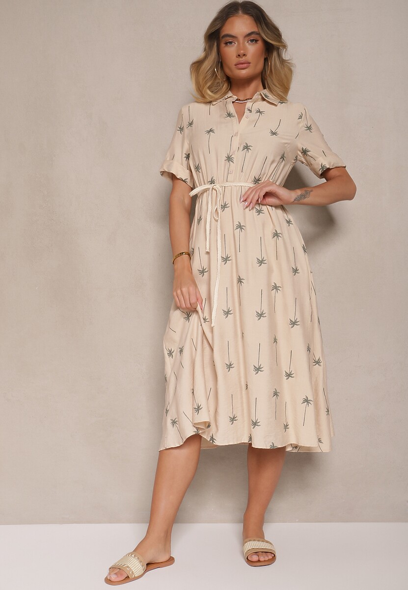 Beżowa Koszulowa Sukienka z Wiskozy o Rozkloszowanym Kroju z Wiązaniem Liselithra