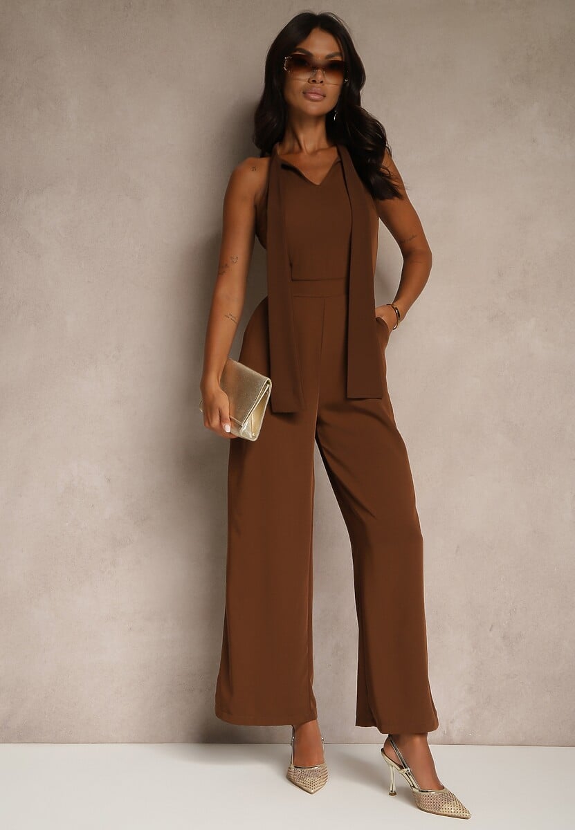 Brązowy Kombinezon Wide Leg z Ozdobnym Wiązaniem przy Szyi Silelia