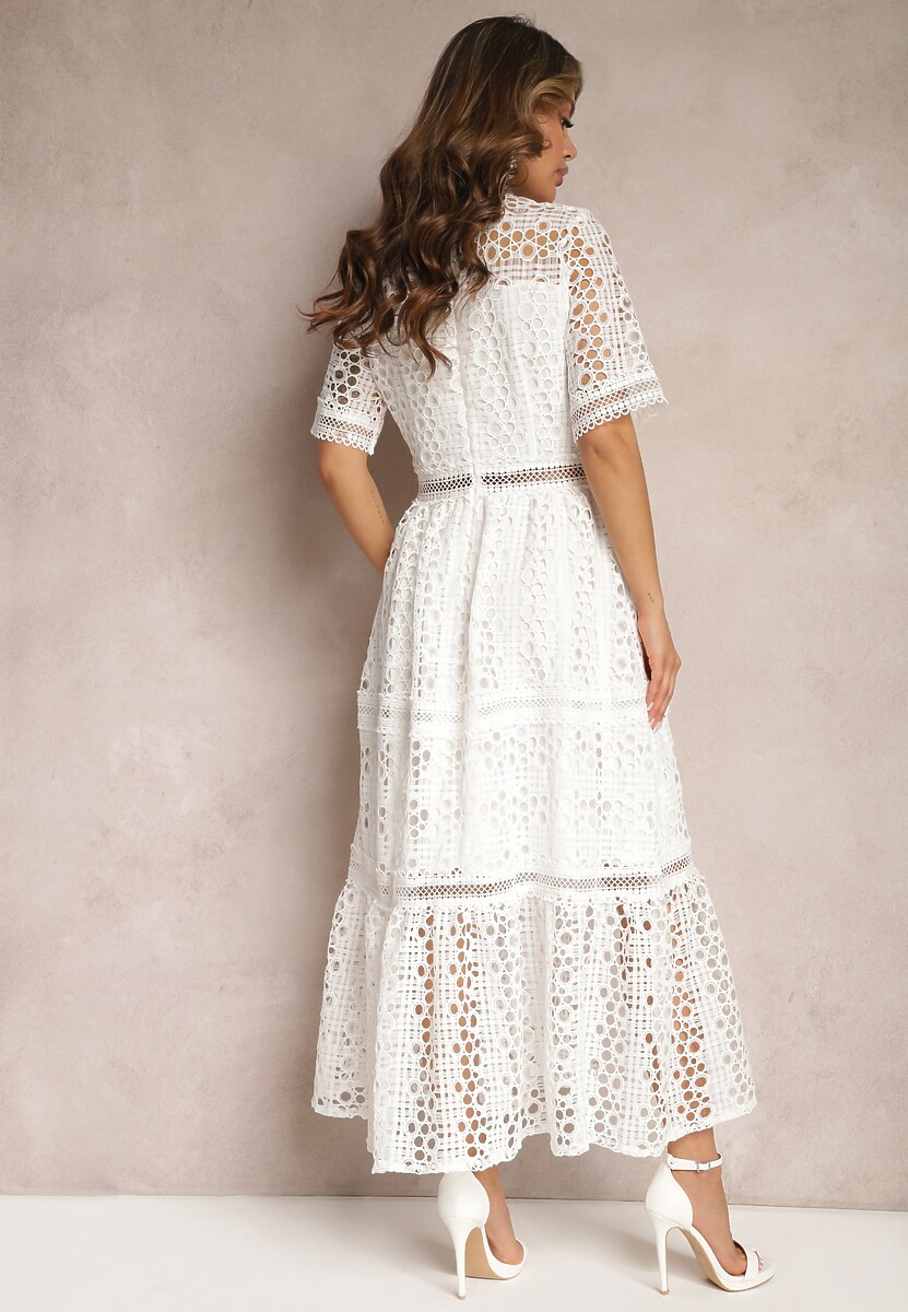 Biała Rozkloszowana Sukienka Maxi Ażurowa z Falbanką Ranilette