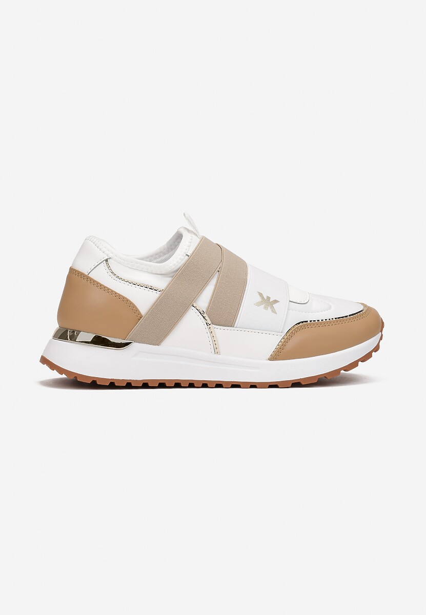 Biało-Beżowe Wsuwane Sneakersy z Metalicznymi Wstawkami i Elastycznym Paskiem Fanir