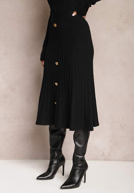 Czarna Rozkloszowana Spódnica Midi z Szerokimi Prążkami i Ozdobnymi Guzikami Sussurro