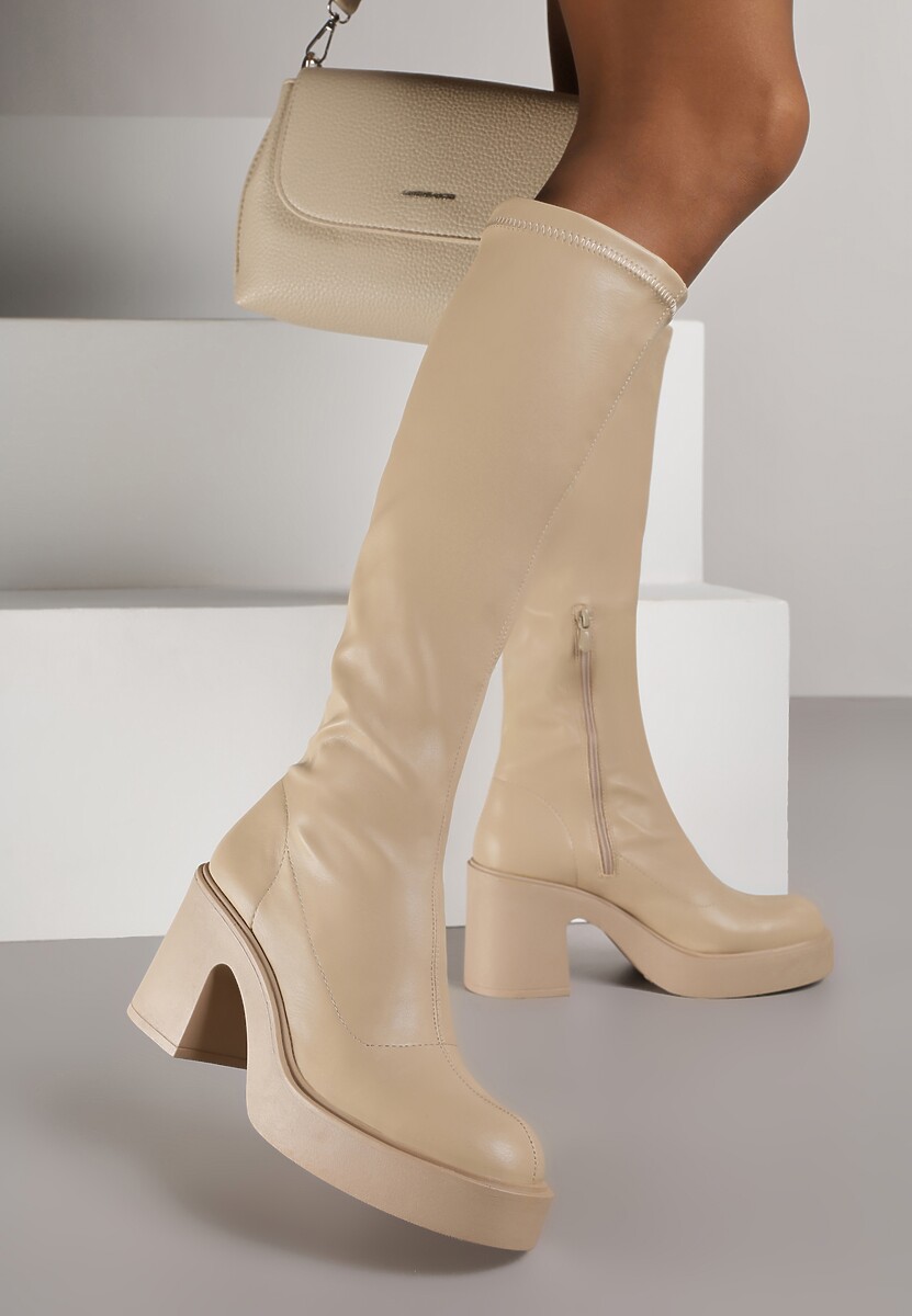 Beżowe Kozaki na Platformie i Słupku z Dopasowaną Cholewką Astila
