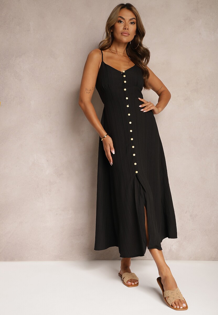 Czerwona Taliowana Sukienka na Guziki na Ramiączkach z Regulacją Quafea