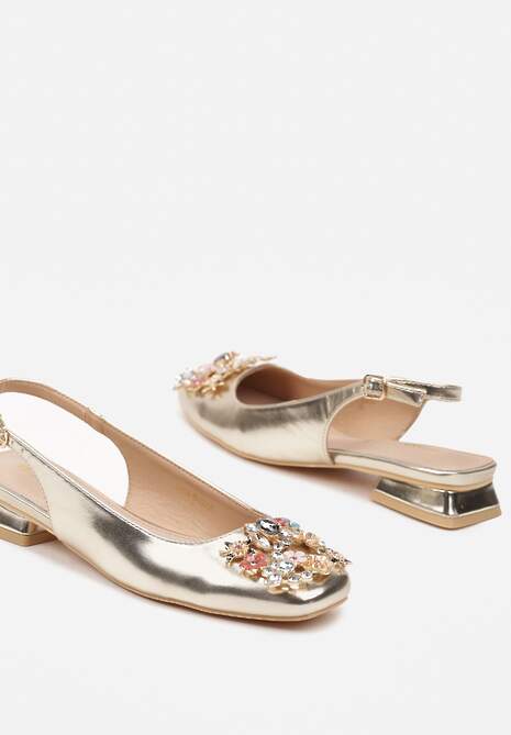 Złote Czółenka Slingback Vices z Cyrkoniami i Wkładką ze Skóry Eklina