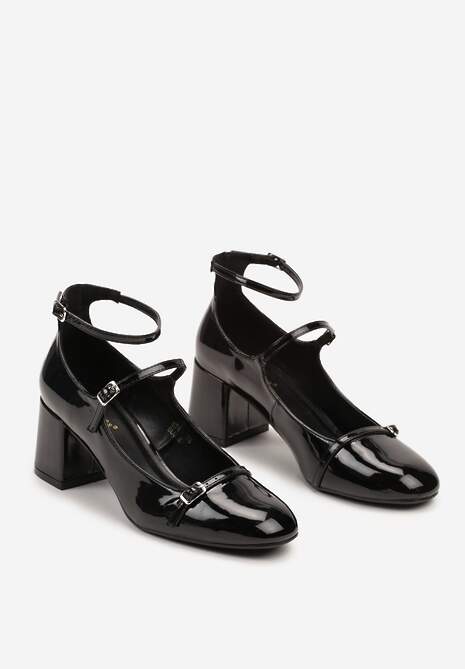 Czarne Lakierowane Czółenka na Słupku Ozdobione Paskami ze Sprzączkami Dlivina