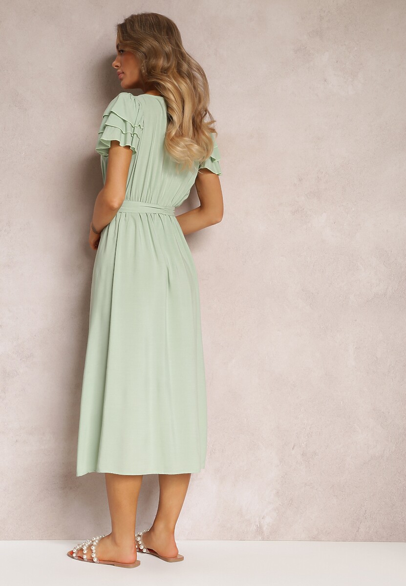Jasnozielona Wiskozowa Sukienka Midi z Gumką w Talii i Falbankami Nenora