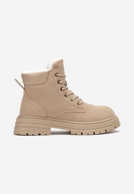 Ciemnobeżowe Traperki Mocno Ocieplone Sztucznym Futerkiem Janeka