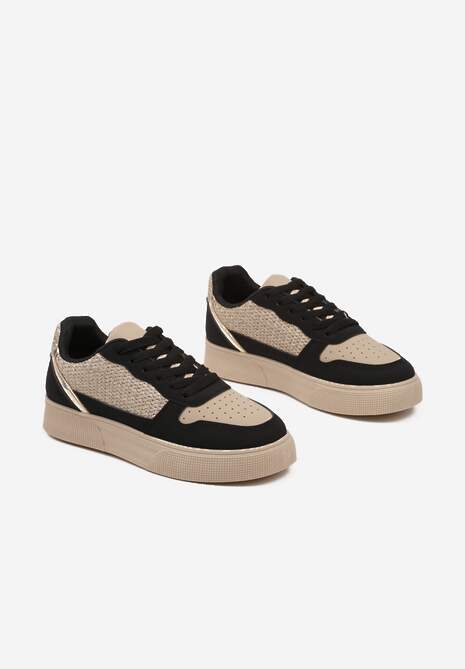 Beżowo-Czarne Sneakersy na Platformie Ozdobione Plecionką Perforacją i Brokatem Tulreia