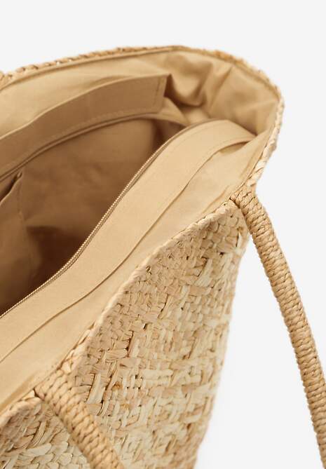 Beżowa Duża Torebka z Plecionki w Stylu Boho Zapinana na Zamek Błyskawiczny Noico