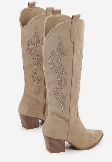 Ciemnobeżowe Kozaki Kowbojki na Stożkowym Obcasie Zdobione Cyrkoniami Nalasania