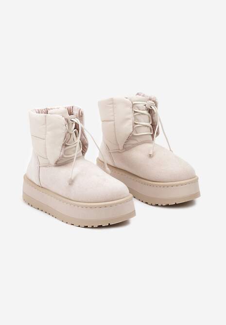 Beżowe Śniegowce na Platformie z Pikowaną Cholewką Ściągaczem i Sznurowaniem Mazirina