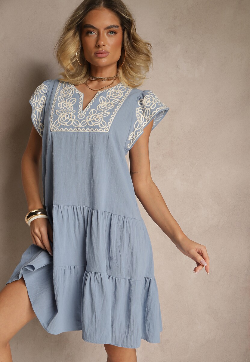 Zielona Bawełniana Sukienka Boho Ozdobiona Haftami Eviriella