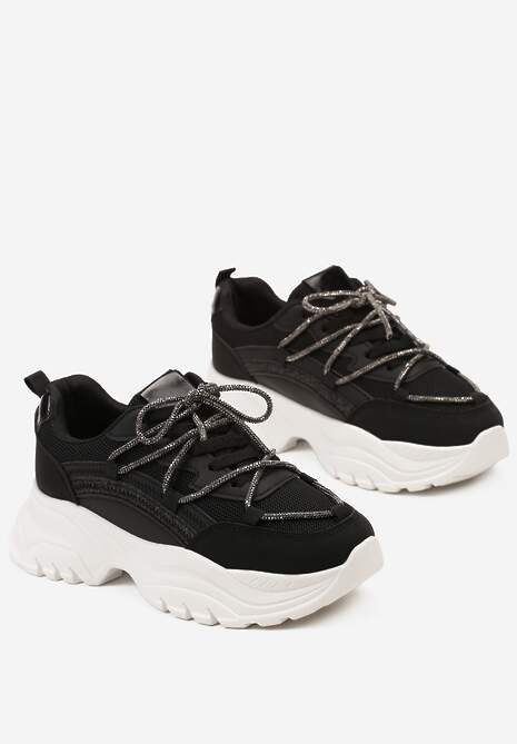 Czarne Sneakersy na Grubej Podeszwie Ozdobione Cyrkoniami i Brokatem Klineria