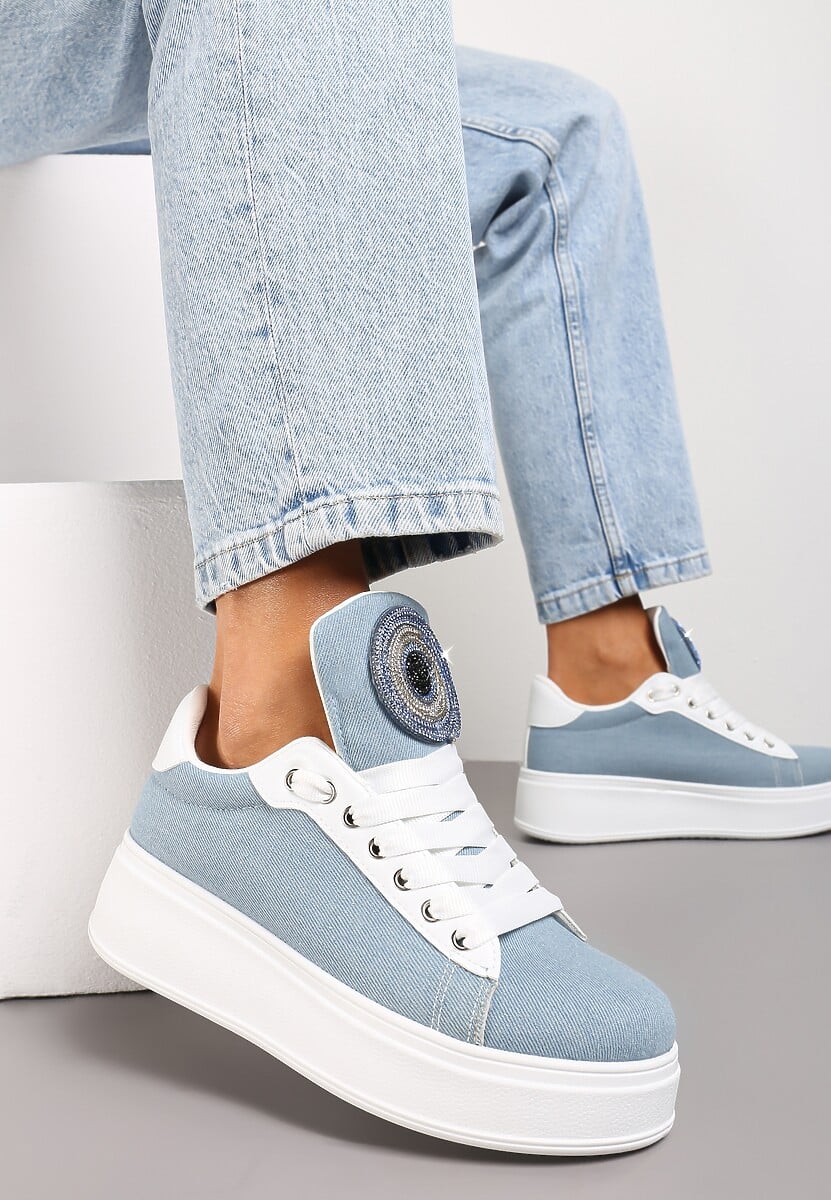 Czarne Sneakersy na Platformie z Cyrkoniami na Szerokim Języku Esirel