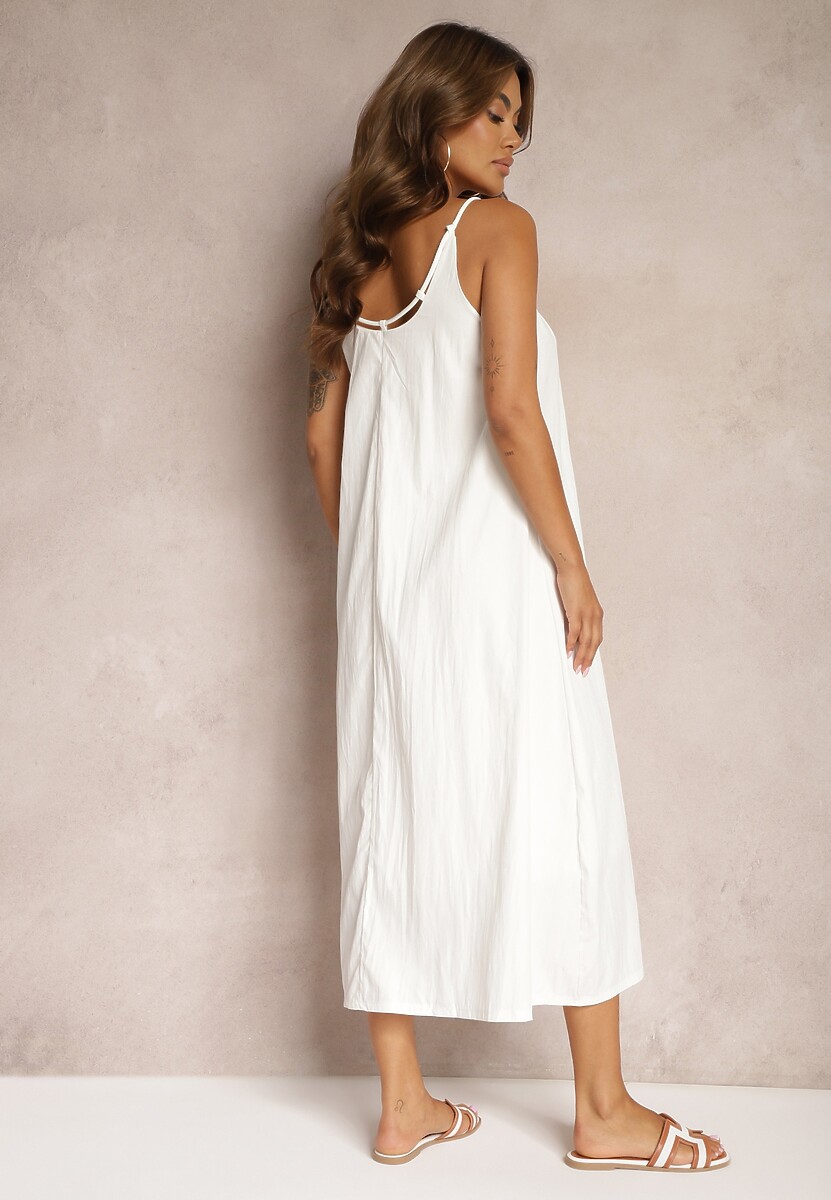 Biała Trapezowa Sukienka z Dodatkiem Bawełny na Ramiączkach Wykończona Sznurkiem Nerceria