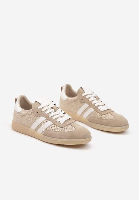 Beżowe Sneakersy Skórzane z Ozdobnymi Paskami Naniella