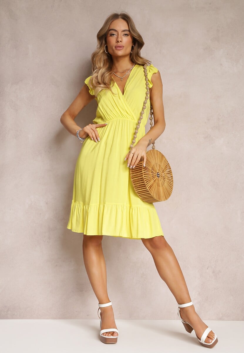 Żółta Kopertowa Sukienka z Gumką w Pasie i Falbankami Nairria
