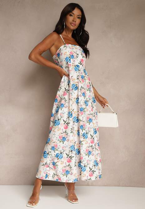 Niebieska Rozkloszowana Sukienka z Wiskozą w Kwiatowy Wzór Nalivie