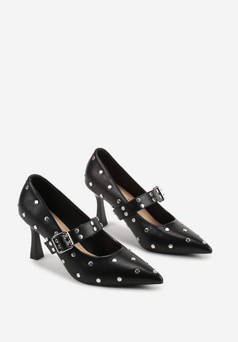Czarne Czółenka Vices na Szpilce z Wkładką ze Skóry Naturalnej Ozdobione Nitami Rileinea