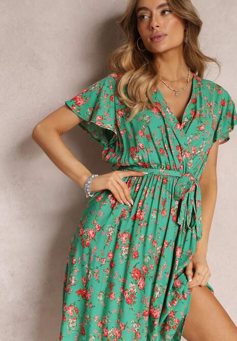 Zielona Wiskozowa Sukienka Midi w Kwiaty z Gumką w Pasie i Materiałowym Paskiem Aidenia