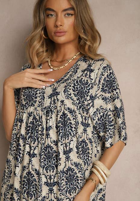 Niebieska Sukienka z Bawełną i Abstrakcyjnym Motywem Filarella