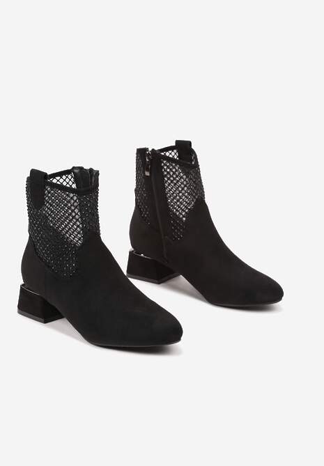Czarne Botki na Słupku Vices Ozdobione Siateczką na Cholewce Deovenna
