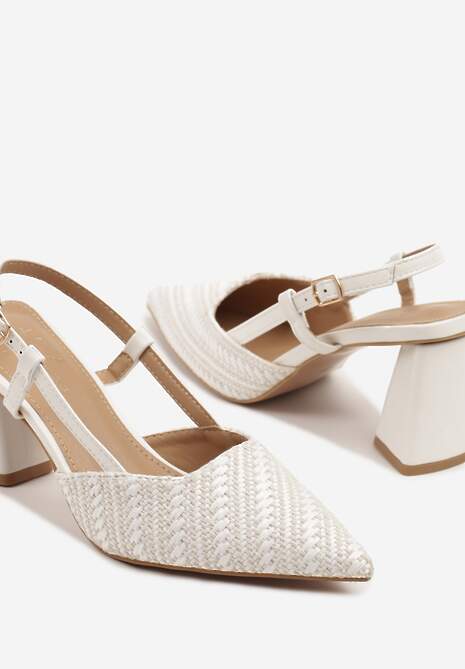 Białe Sandały na Słupku Typu Slingback Ozdobione Plecionką Koralisa