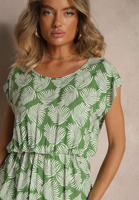 Zielona Rozkloszowana Sukienka na Krótki Rękaw z Gumką w Talii Milenea