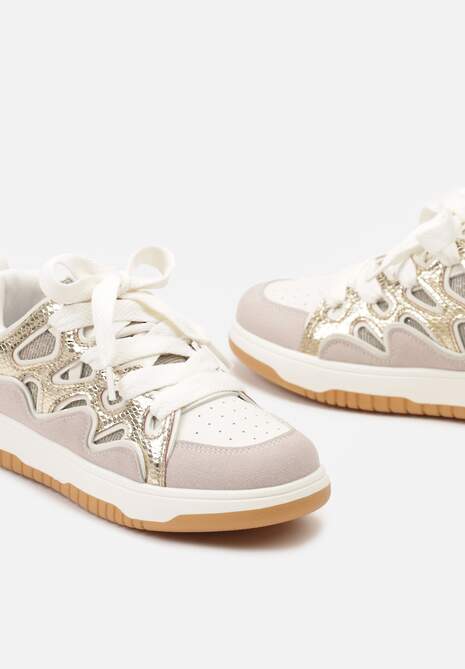 Złote Sneakersy z Metalicznym Błyskiem i Podwójnym Sznurowaniem Piniara