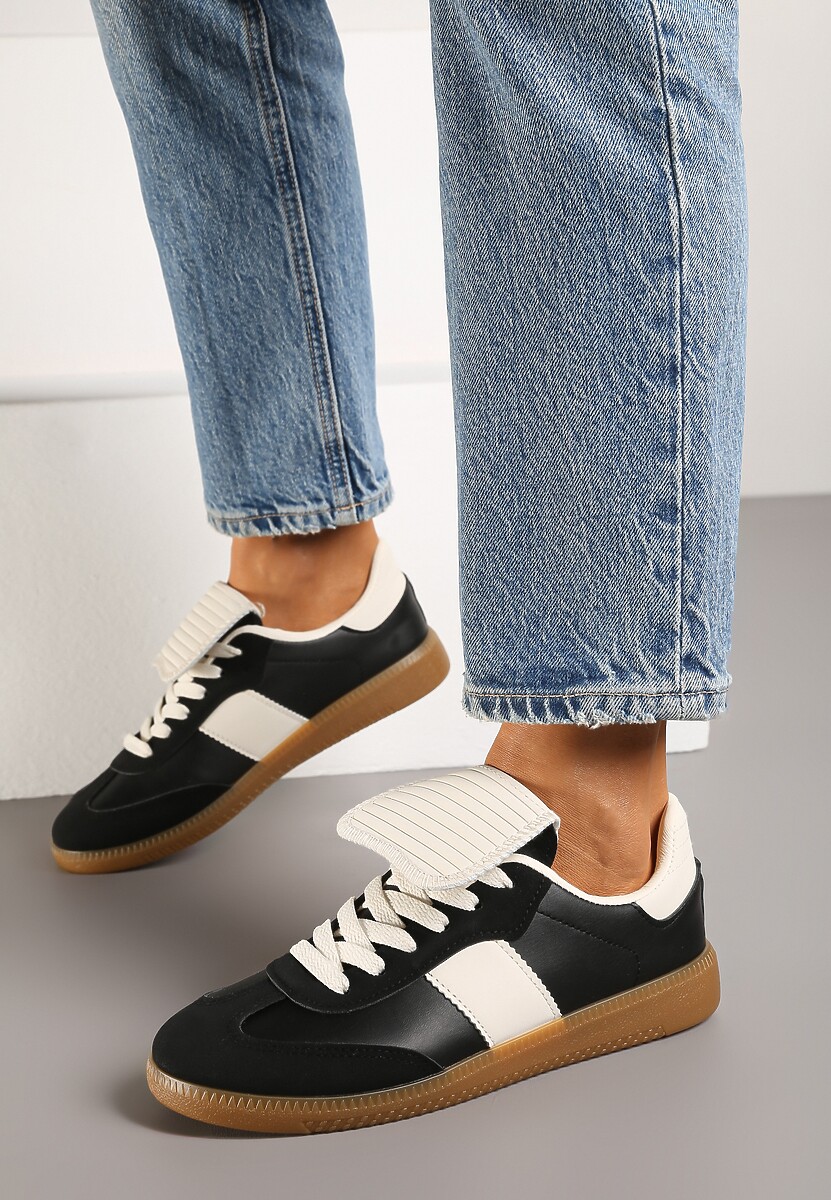 Czarne Sznurowane Płaskie Sneakersy z Geometrycznym Wzorem Felilva