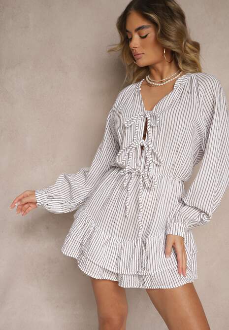 Biały Kombinezon w Cienkie Paski z Wiązaniem z Bawełny Ovivelle