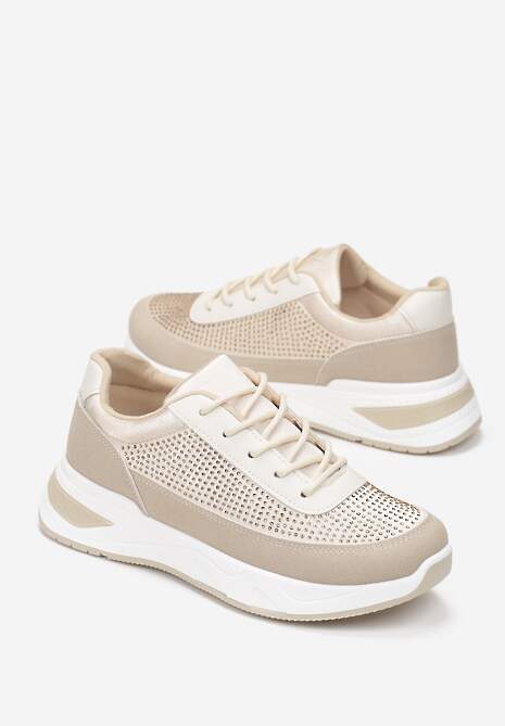 Beżowe Sneakersy z Drobnymi Cyrkoniami Hinekle