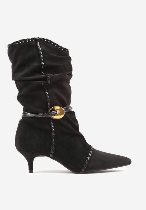 Czarne Botki na Kaczuszce Slouchy Ozdobione Metaliczną Aplikacją i Sznurkiem Avodvire