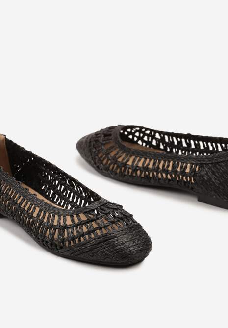 Czarne Płaskie Balerinki z Imitacji Skóry o Ażurowym Wykończeniu Yines