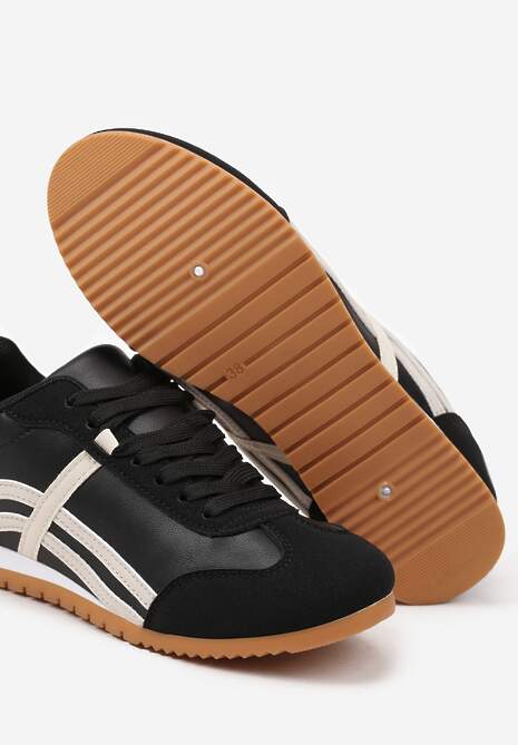 Czarne Sneakersy przed Kostkę z Paskami na Cholewce Deniffia