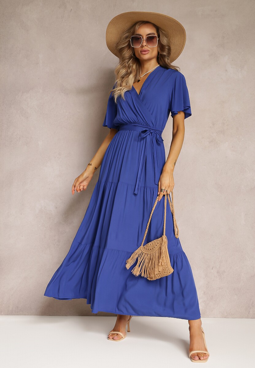 Granatowa Rozkloszowana Sukienka z Wiązanym Paskiem Adotine