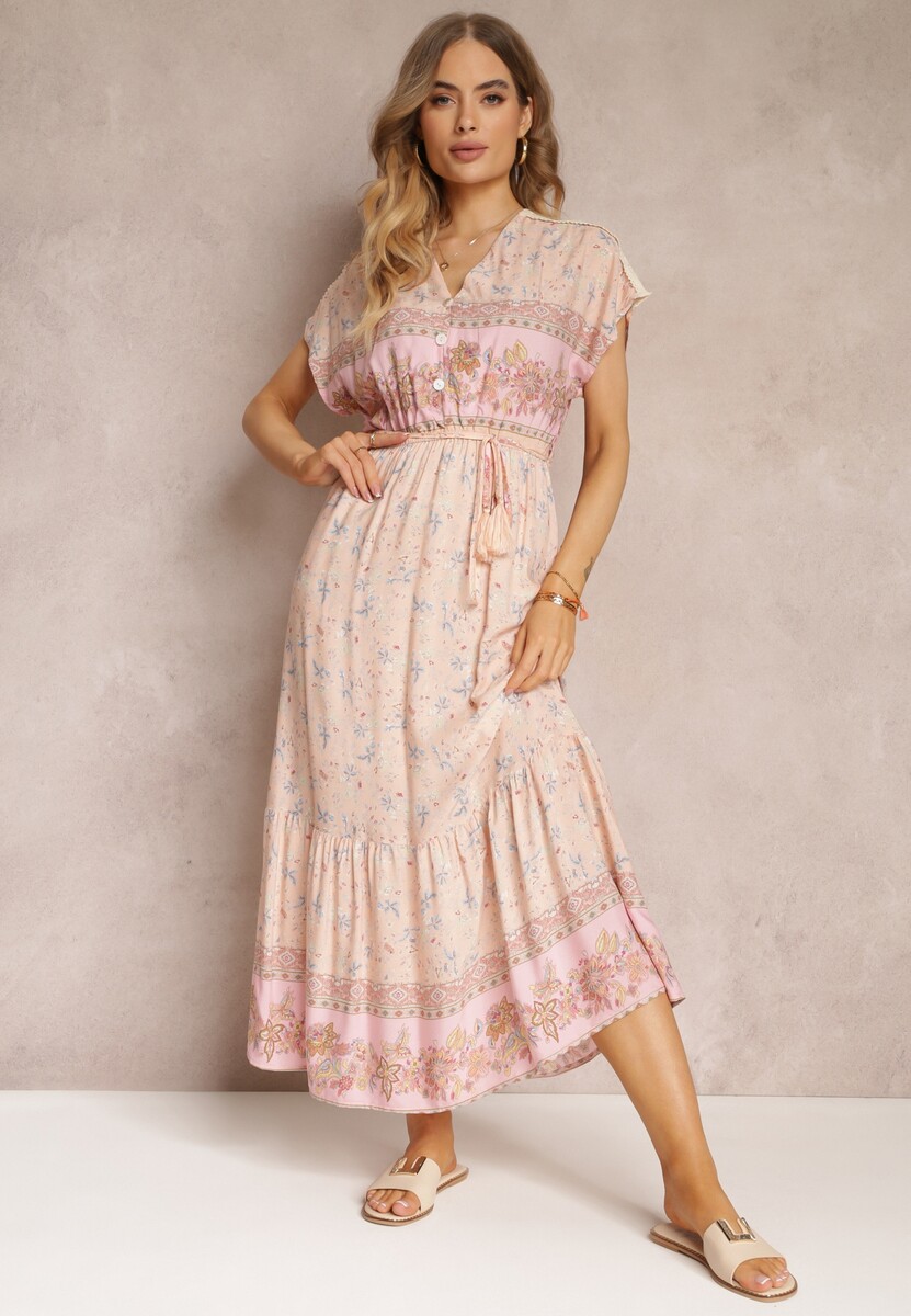 Jasnoróżowa Rozkloszowana Sukienka Maxi z Gumkami w Pasie z Bawełny Besie