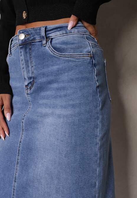 Niebieska Spódnica High Waist Ołówkowa z Przejaśnieniami na Jeansowym Materiale Carolea