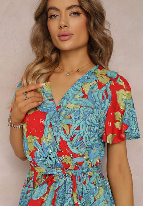 Niebiesko-Czerwona Wiskozowa Sukienka Maxi z Kopertowym Dekoltem z Gumką w Talii Lynette