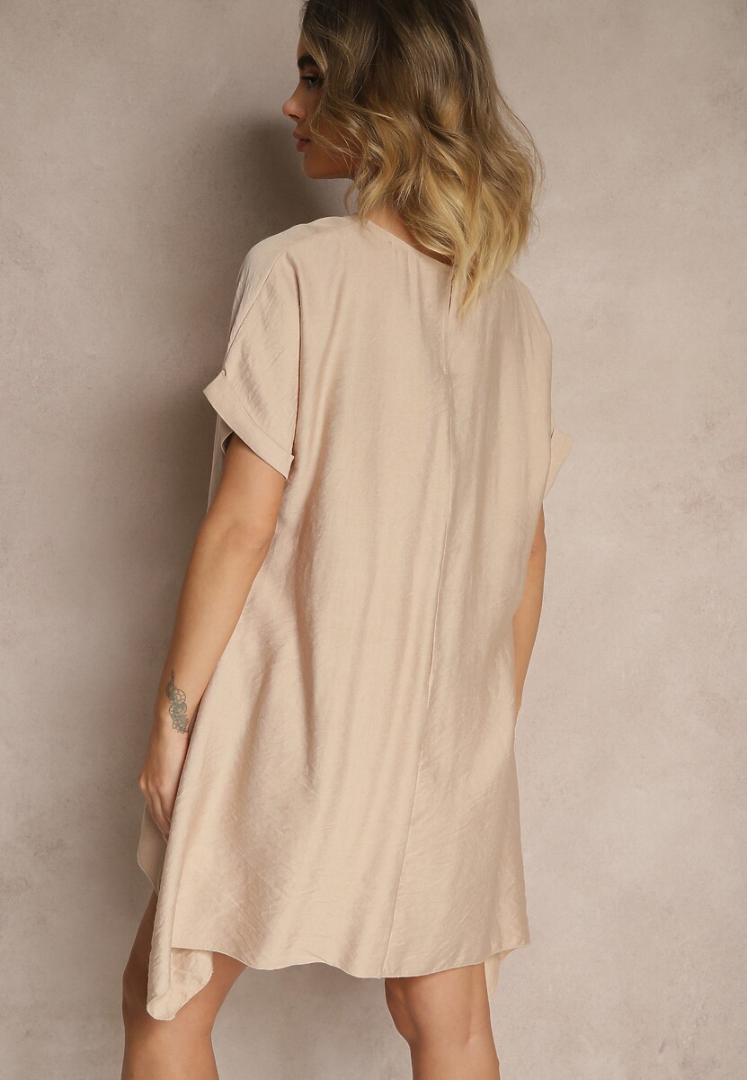 Beżowa Sukienka o Pudełkowym Kroju z Dłuższymi Bokami Redenise