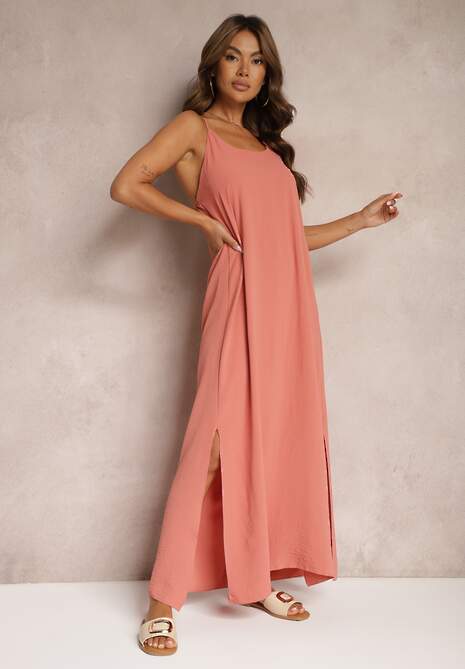 Różowa Sukienka na Ramiączkach o Taliowanym Kroju Rivatta