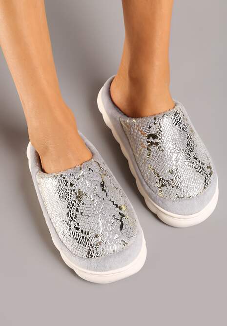 Szare Kapcie Vices na Platformie z Tłoczeniem Ozdobione Metalicznym Wzorem Zeanivra
