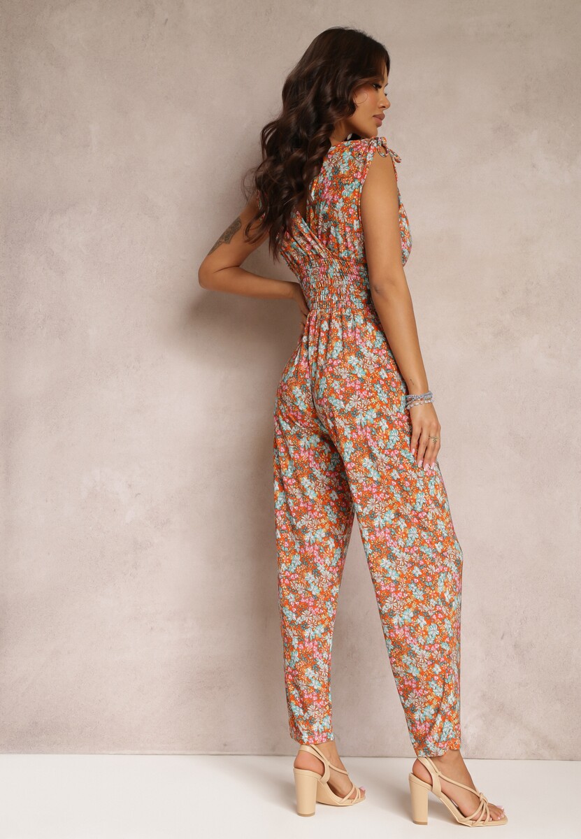 Pomarańczowy Kombinezon w Kwiaty ze Ściągaczami na Ramionach i Gumkami w Pasie Kirsen