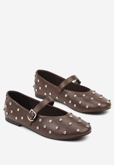 Brązowe Balerinki Vices w Stylu Mary Jane z Ćwiekami i Skórzaną Wkładką Riladora