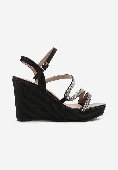 Czarne Sandały na Koturnie z Brokatem i Cyrkoniami oraz Sprzączką Jottima