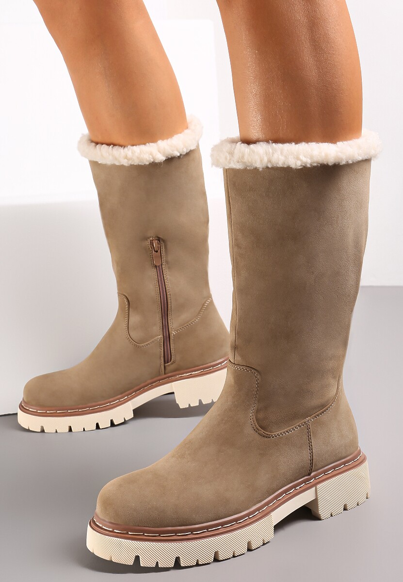 Ciemnobeżowe Botki z Szeroką Cholewką z Futerkiem na Krawędzi Benaxa