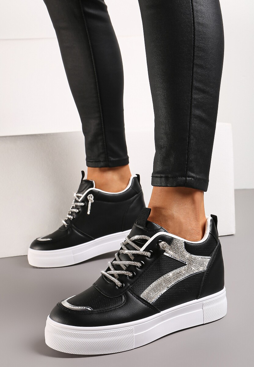 Czarne Sneakersy ze Wstawką z Cyrkonii na Ukrytym Koturnie Hricane